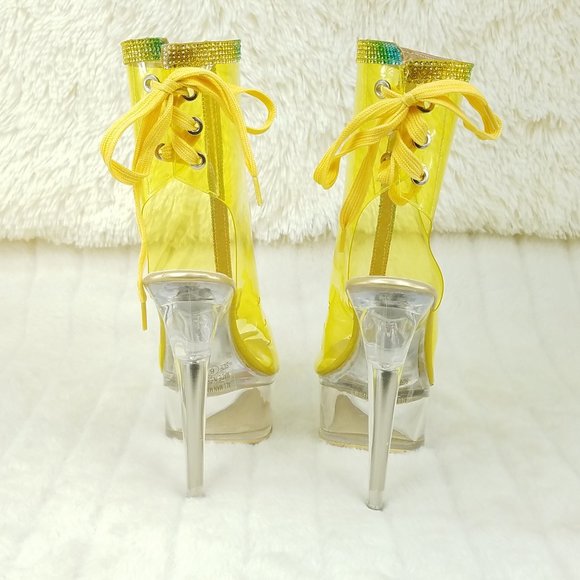 Yellow Clear Platform Heels Shoes Rhinestone Trim Golden Bulls - Picture 10 of 14
